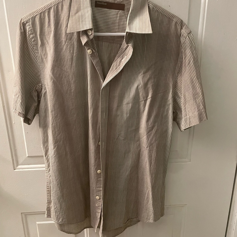 Perry Ellis Beige Striped Button Down Shirt